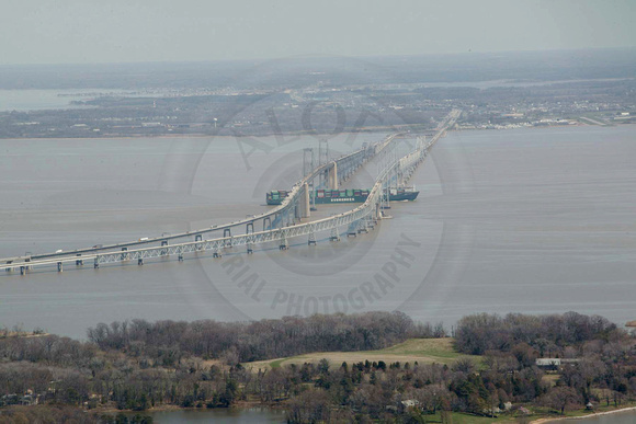 A Evergreen Cargo Ship Passes Under the Chesapeake Bay Bridge